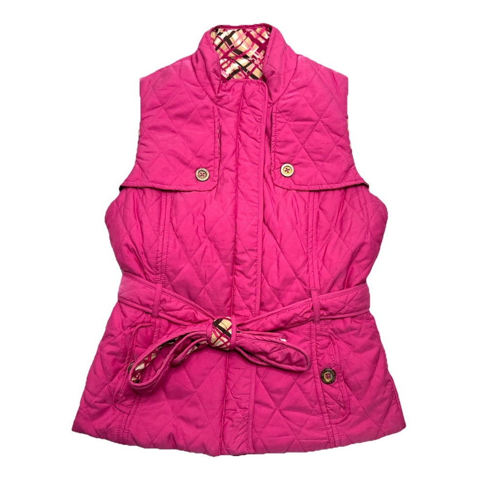 Lilly Pulitzer REVERSIBLE Vest Mikaela Quilted Womens XS Pink Brown Plaid Belted